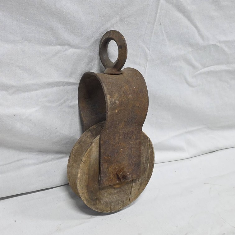 Antique Iron and Wood Barn Pulley with Hanging Loop, 5.5" x 11.5"