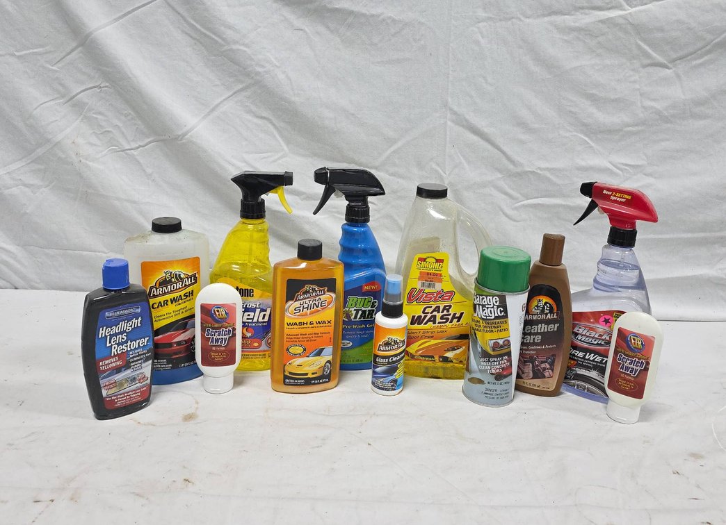 Partial Containers of Car Cleaning Supplies Including Armor All, Prestone, Simoniz, etc