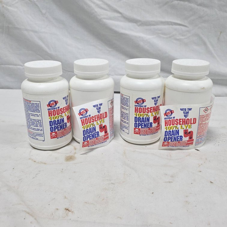 Four Roto Crystals of Household 100% Lye Drain Opener Bottles, All Feel Full