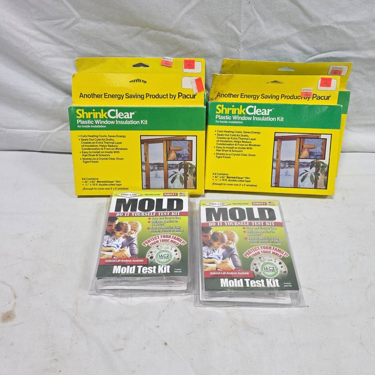 4 Pactur Shrink Clear Plastic Window Insulation Kits and 2 Pro-Lab Mold Test Kits