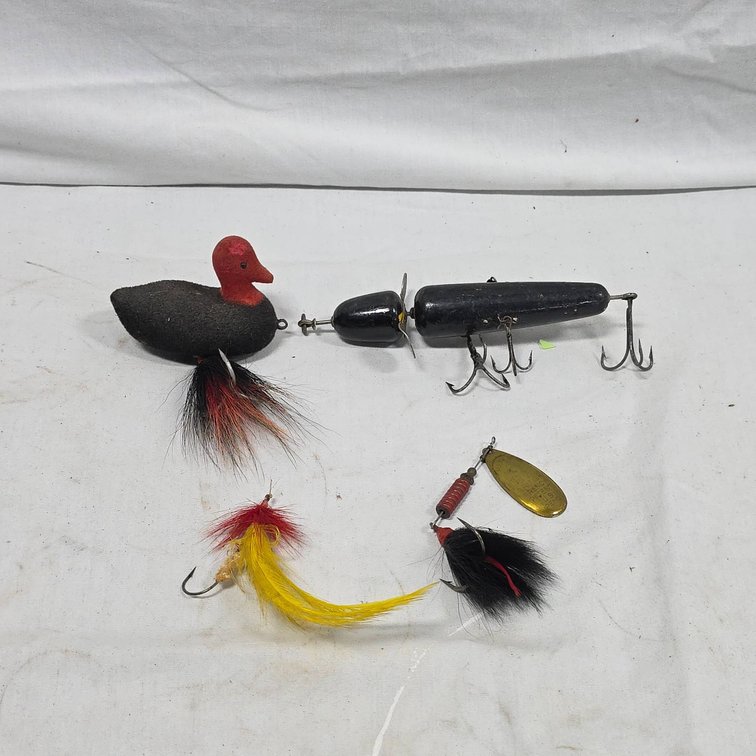 4 Fishing Lures Including Duck Decoy-Style, Wooden Prop Bait, Mepps Spinner, Feathertail, 7" Longest