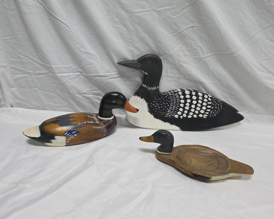 3 Hand-Painted Wood Duck and Loon Decorative Figures, Largest 15.5"