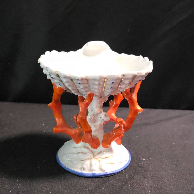 Porcelain Compote with Shell Bowl and Coral Motif Base, Hand Decorated,4" x 4.5"