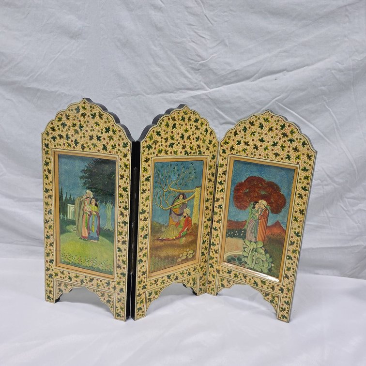 Hand-Painted Folding Tabletop Screen with Mughal-Style Court Scenes, 23.5" x 18"