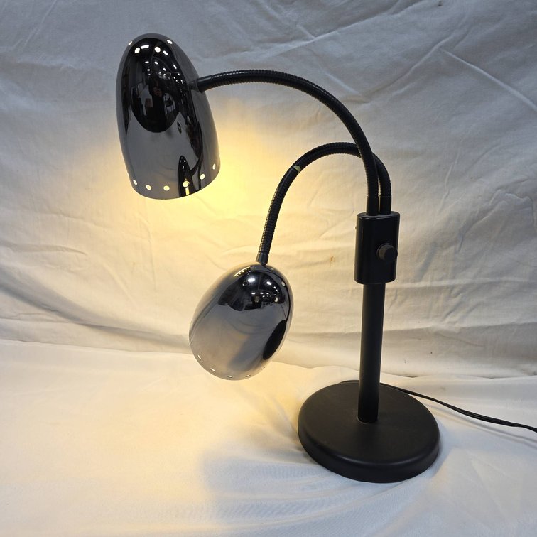Black Metal Dual Gooseneck Adjustable Desk Lamp with Chrome Shades, 18" Tall