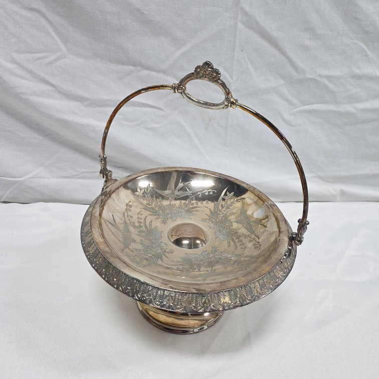 Silverplate Pedestal Basket with Floral and Bird Engraving, Etched Rim, Swing Handle
