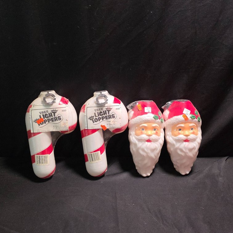 Empire Tree Light Toppers, Candy Cane and Santa Face Designs, Plastic, Lot of 4, 9" Tall