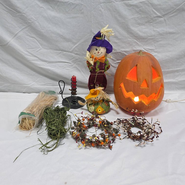 Halloween Decor Assortment With 10" Tall Lighted Plastic Pumpkin, Scarecrow Figures, etc