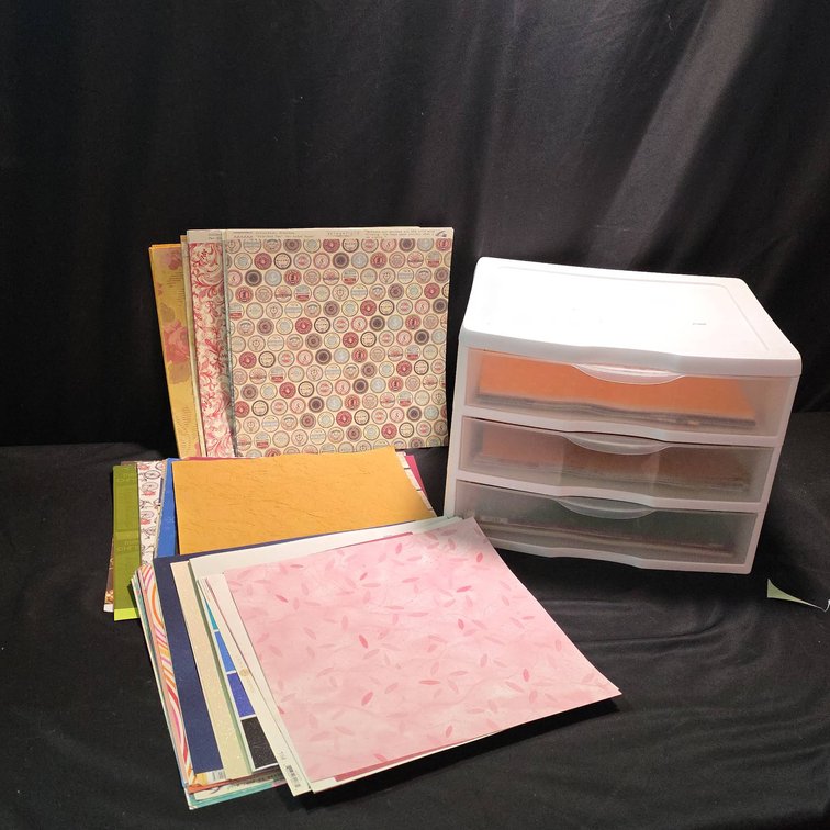 Scrapbook Paper Assortment with Patterns, Textures with Plastic Organizer