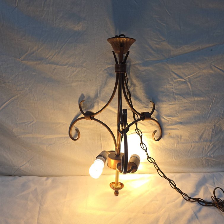 Wrought Iron 3-Light Hanging Chandelier, 23" Tall, Brown Finish, In Working Condition