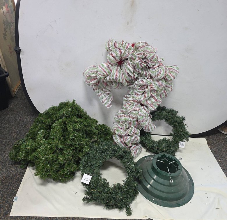 Holiday Lot: Artificial 24-Inch Wreaths, Tree Stand, Greenery, Candy Cane Décor, Mesh Garland