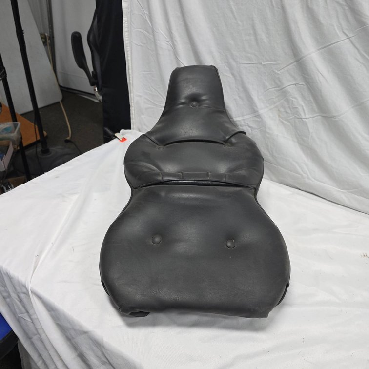 Black Motorcycle Seat With Button-Tufted Vinyl Cover and Metal Pan, 16" x 31"