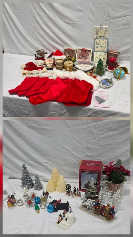 Large Assorted Christmas Decor Lot with Stockings, Figurines, Ornaments, Candles, etc