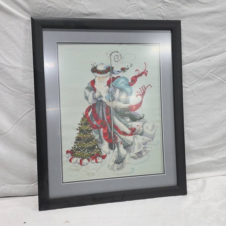 Framed Cross-Stitch Santa Claus With Christmas Tree and Staff, Matted Under Glass