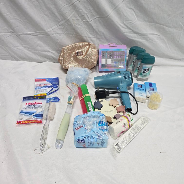 Personal Care Lot With Speed Stick Deodorant, Hair Dryer, Makeup Bag, Pocket Tissues, Nail Set
