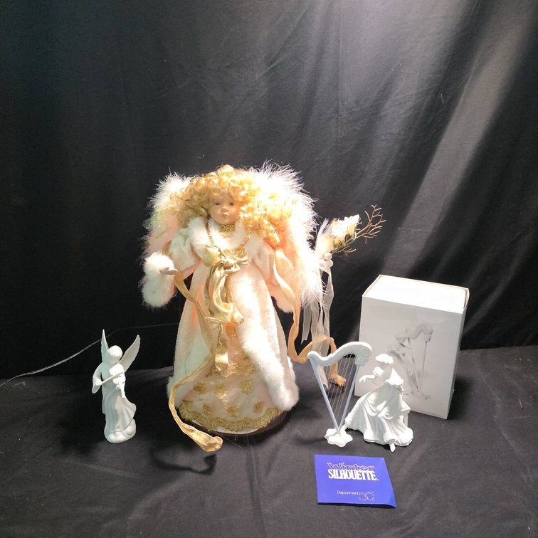 Angel Doll With Curly Blonde Hair and Two Porcelain Figures, Winter Silhouette