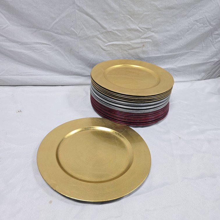 24 Decorative 13" Plastic Plates in Gold, Silver, and Red, Not for Food Use