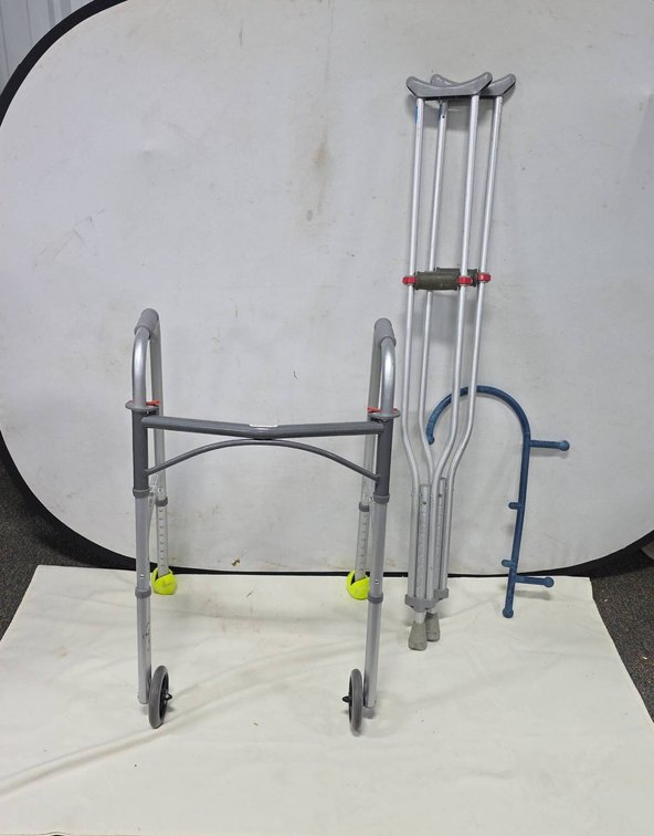 Drive Medical Walker, Guardian Crutches, and Blue Therapy Cane Mobility Aid Lot