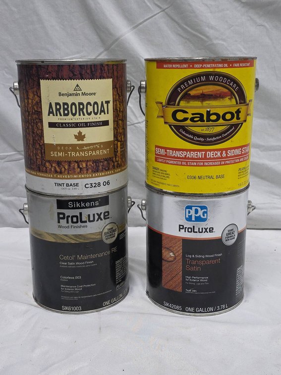 4 Cans Wood Stain Finishes: Benjamin Moore Arborcoat, Cabot, PPG ProLuxe, Sikkens ProLuxe, Most Full