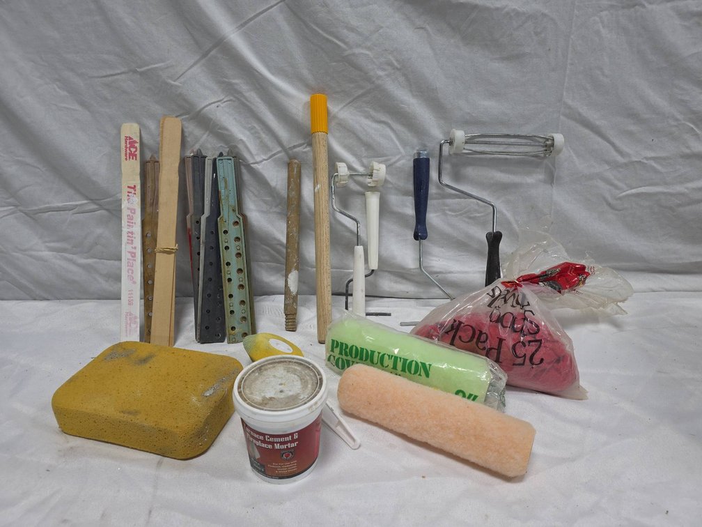 Painting Tool Variety Lot With Rollers, Handles, Sanding Blocks, Sponge