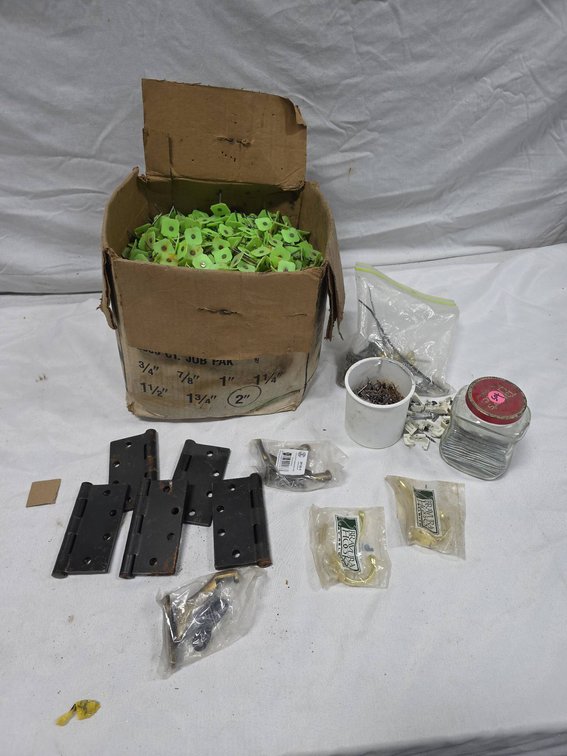 Hardware Variety Lot: Plasti-Cap 2 in Nails 2000 Ct, (5) Heavy Duty 4.5 in Hinges, Coat Hook Kits, More