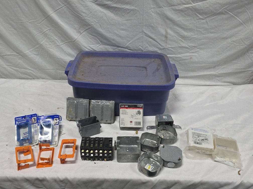 Electrical Variety Lot With Box Extenders, Metal Junction Boxes, Square D Breakers, Red Dot Accessories, Tote