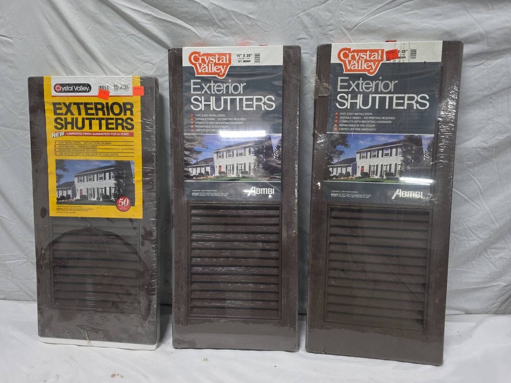 Three Pairs Unopened Crystal Valley Brown Plastic Exterior Shutters