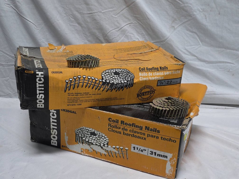 Two Partial Boxes of Bostitch Coil Roofing Nails, Mixed Lengths 7/8 in and 1 1/4 in, Genuine Fasteners