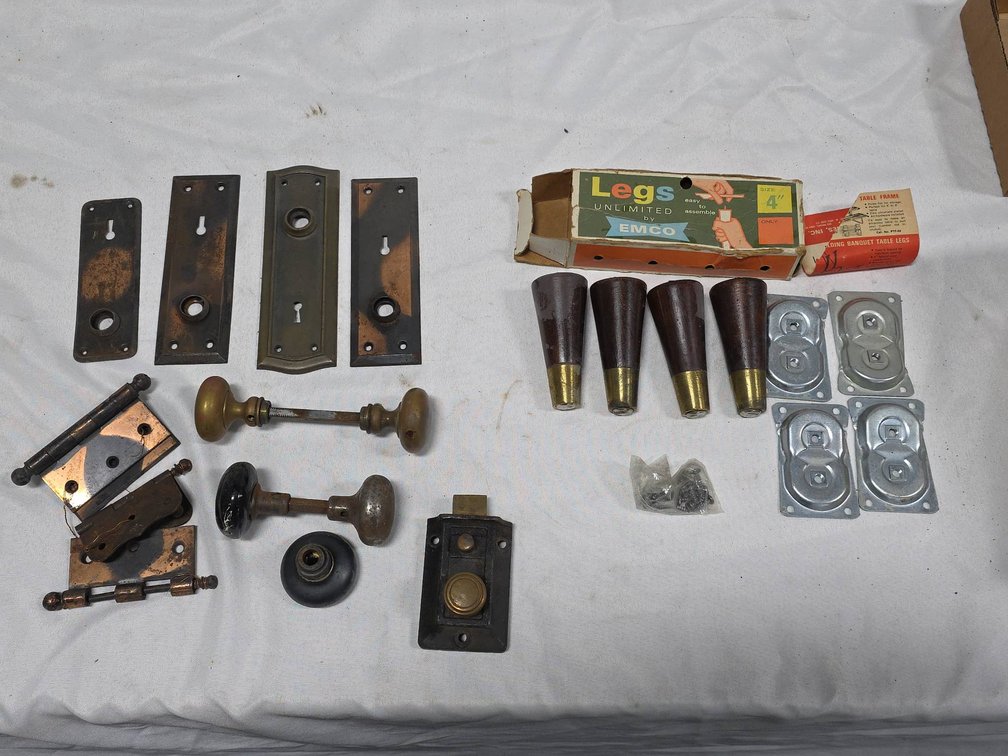 Complete EMCO Vintage Table Leg Set With Box, Vintage Door Hardware Plates, Hinges,etc