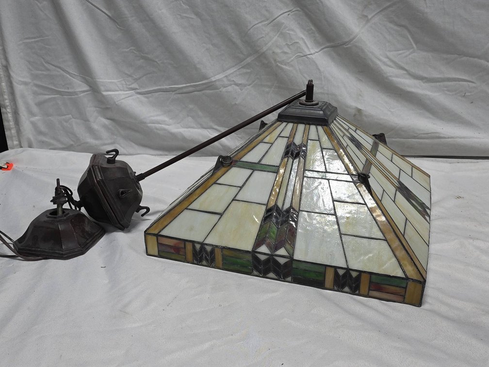 Stained Glass Chandelier Pendant Light, Geometric Pattern, Damaged Section, Missing Connecting Chains