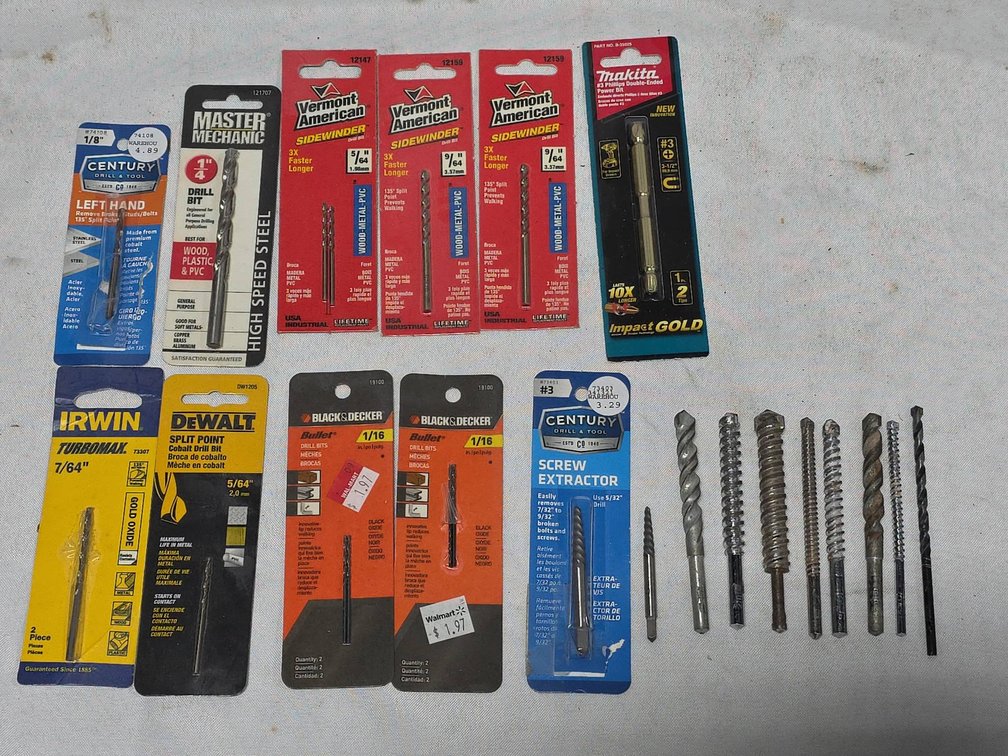 Drill Bits and Screw Extractors, Various Brands, Sizes, and Types