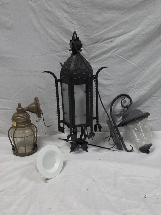 4 Light Fixtures: 2 External Wall Sconces, Cast Iron Chandelier, Commercial Electric LED Recessed Light