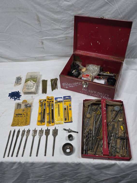 Milwaukee Metal Tool Box With Drill Bits, GRK Concrete, Construction, Trim Screws,etc
