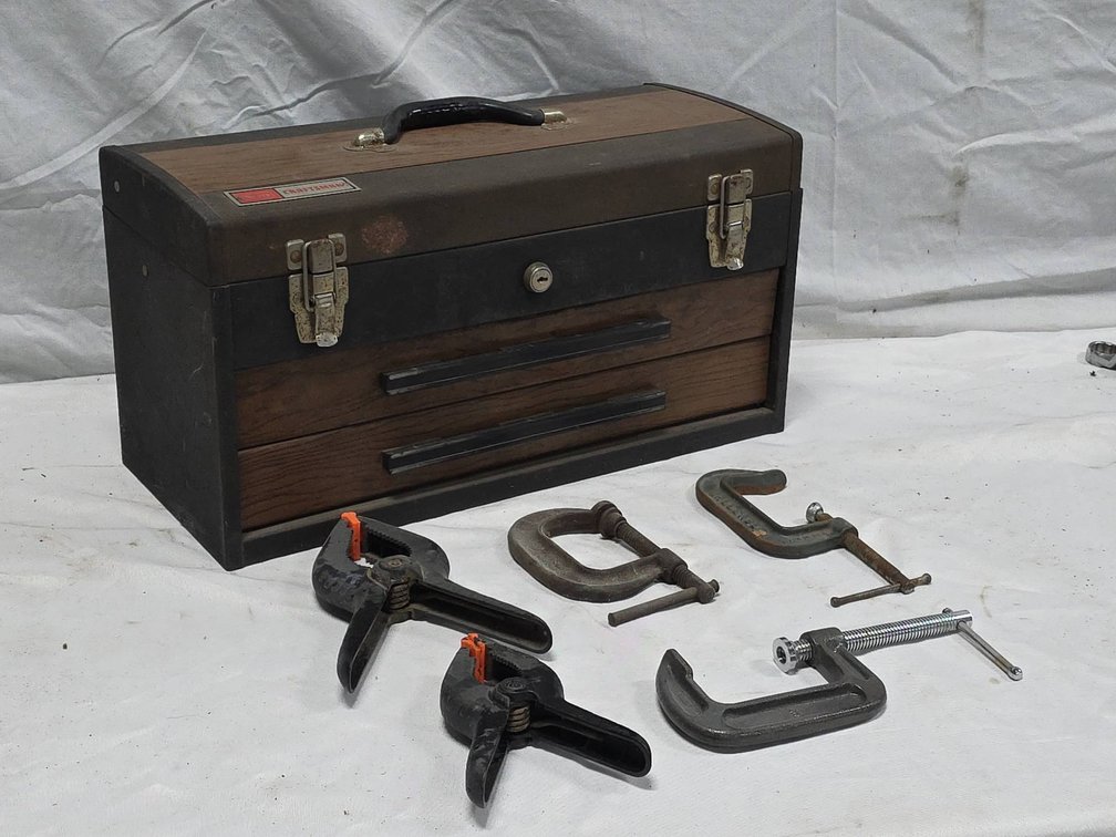 Vintage Sears Craftsman Metal Tool Box with Assorted C Clamps and Spring Clamps