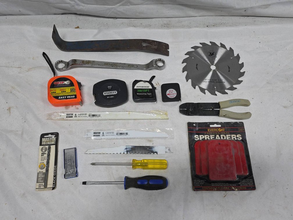 Tool Lot Including Tape Measures, Screwdrivers, Sears Wire Stripper, Blades, Saw Blade, Spreaders