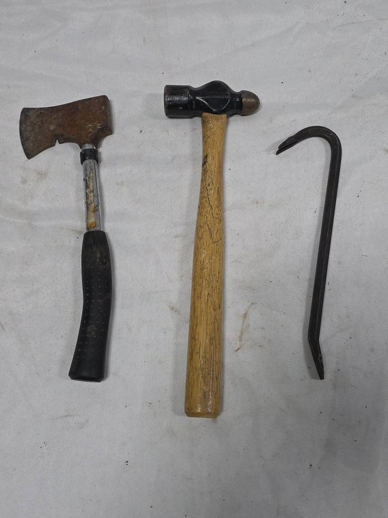 Hatchet with Rubber Grip, Ball Peen Hammer, and 12" Pry Bar