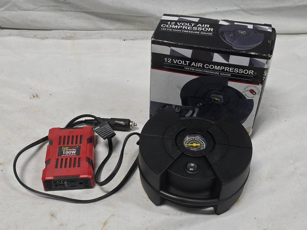 Emergency Preparedness Lot With Ever Start Max 100W Power Inverter and 12V Air Compressor