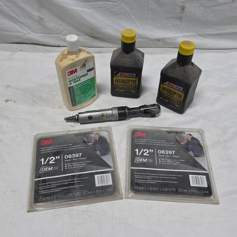 Automotive Lot With 3M Marine Restorer Wax, Interceptor 2-Cycle Oil, Craftsman 3/8 Pneumatic Ratchet, etc