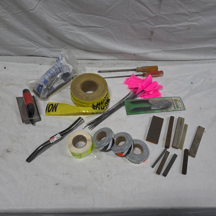 Construction Lot With Masonry Tools, Sharpening Stones, Tested Stickers, etc