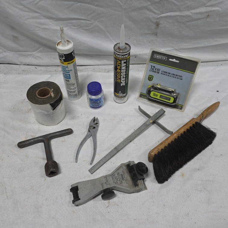 Handyman Tool Lot: Saw Guide, T Handle, Brush, Stone Cutter, Battery, Tape,etc