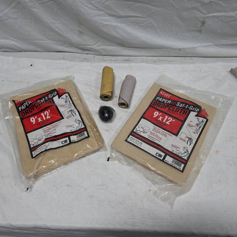 2 Heavy Duty Paper Drop Cloths, 2 Sandpaper Rolls for Disc Sander, Wire Buff Wheel