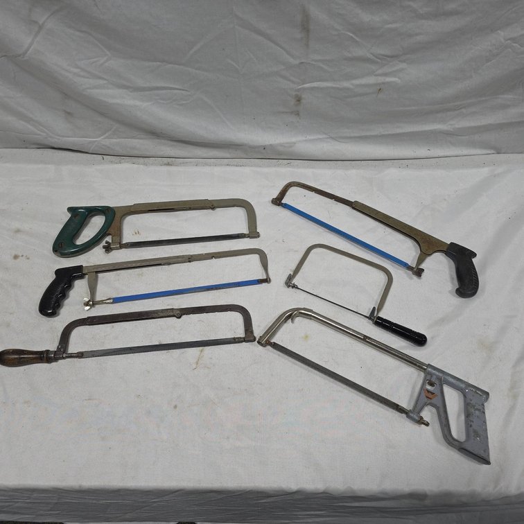 Six Saws: Five Metal Frame Hacksaws and One Coping Saw, Longest Measures 19