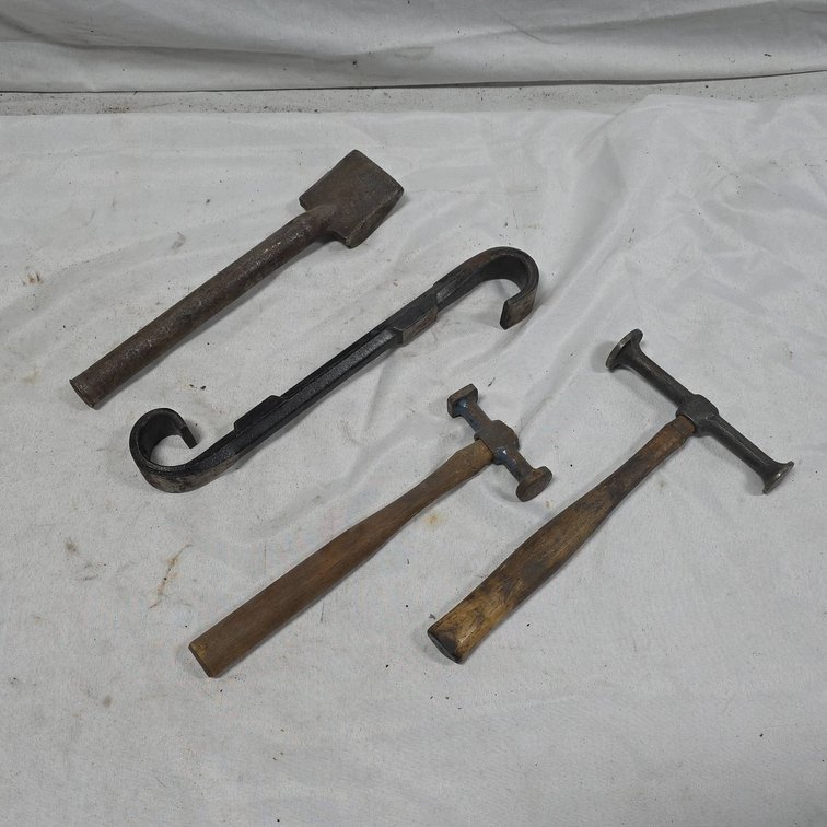 Vintage Auto Body Tools Lot With Fender Roller, Auto Body Spoon, and Two Body Hammers