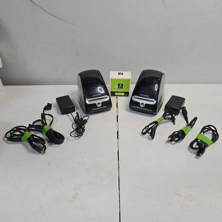 2 DYMO LabelWriter 450 Label Printers with One Turbo, Power Adapters, and D1 Label Cassette