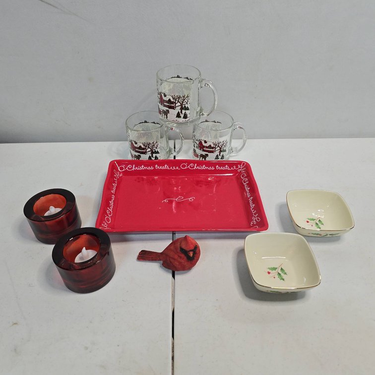 Holiday Tableware Lot: Lenox Bowls, Hallmark Tray, Glass Winter Mugs, Cardinal, Red Candleholders