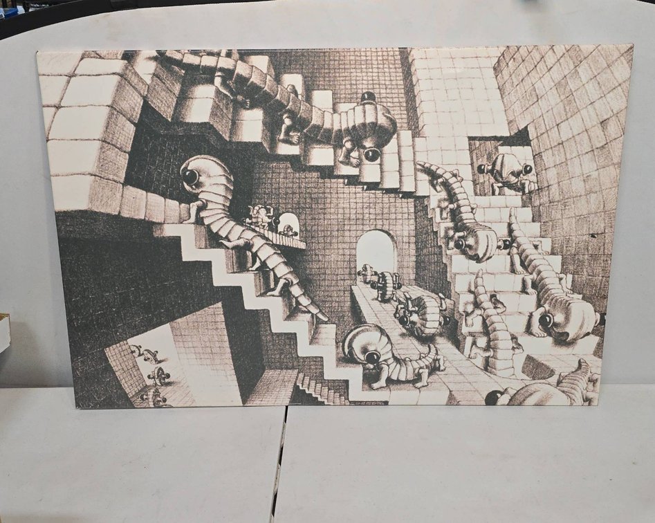 Surreal Staircase Scene Printed Canvas Wall Art Monochrome Geometric Worms