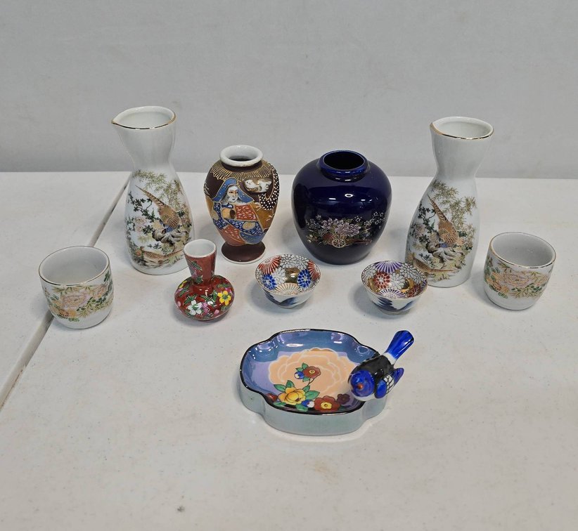 Japanese Porcelain Miniature Lot Featuring Noritake, Sake Set, Vases, and Bowls