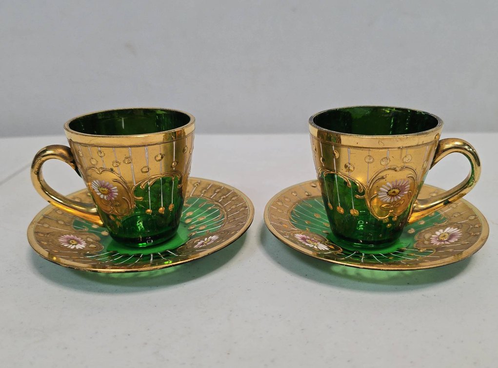 Bohemian Green Glass Demitasse Cups and Saucers with 24K Gold Gilding