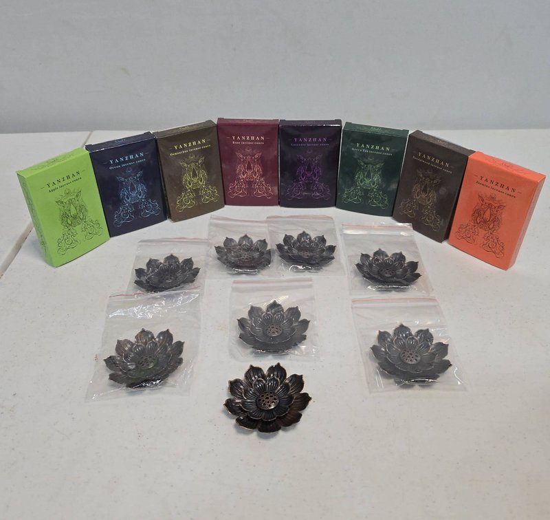YAN ZHAN Unopened Scented Incense Cones Assorted Scents with Eight Bronze Lotus Flower Incense Burners