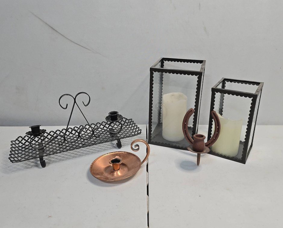 Candle Holders: Solid Copper Chamberstick, Metal, Horseshoe, Pair of Glass Lanterns